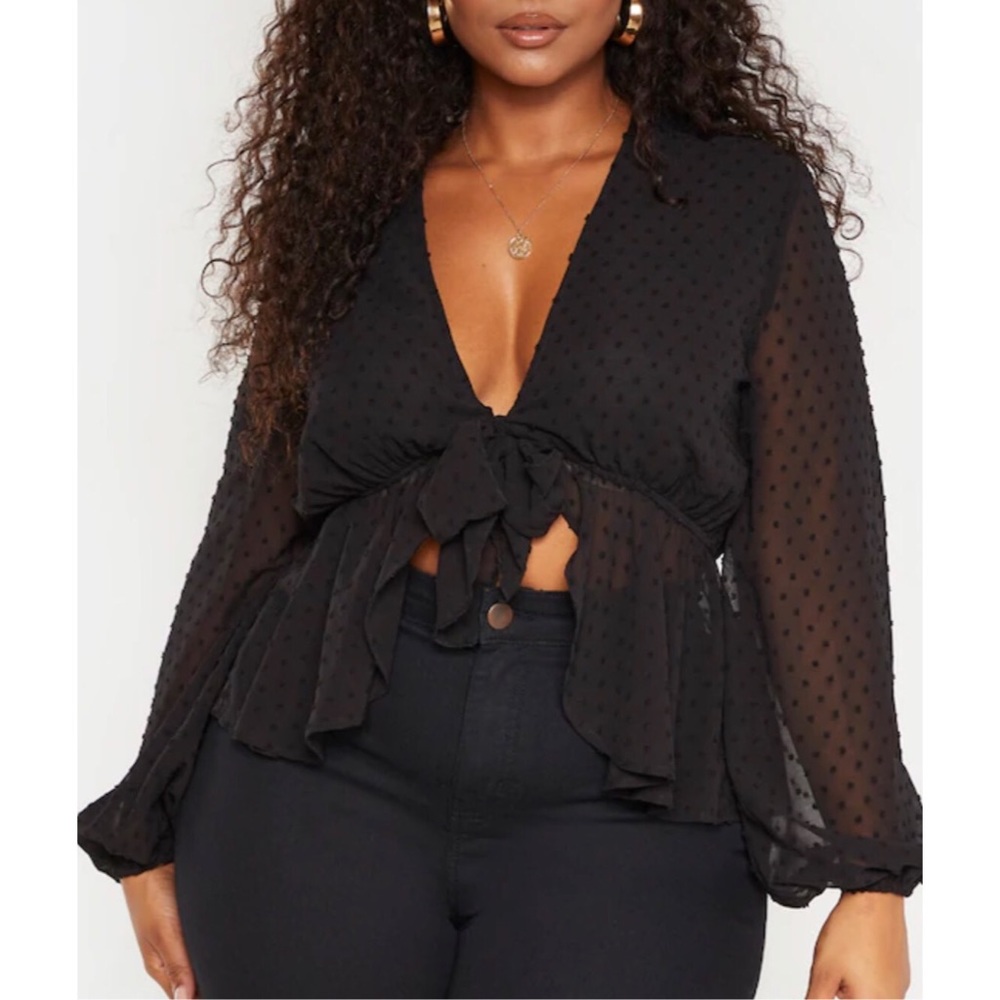 Black tie front mesh blouse